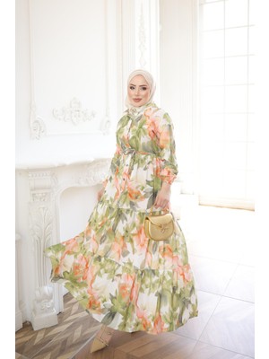 İmaj Butik Yeşil Yarım Düğmeli Kol Lastikli Eteği Katlı Elbise