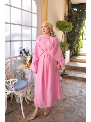 İmaj Butik Pembe Bağlama Detaylı Salaş Müslin Elbise