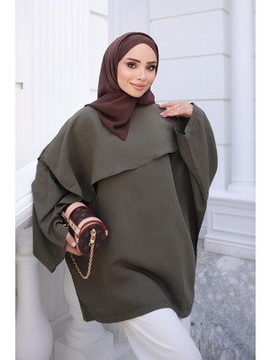 İmaj Butik Haki Pelerinli Modal Bluz