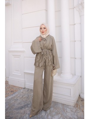 İmaj Butik Haki Fırfırlı Çizgili Kimono Pantolonlu Takım