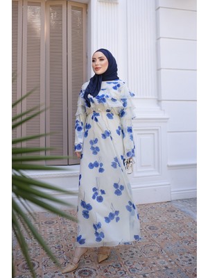 İmaj Butik Saks Mavi Kol Yaka Fırfırlı Desenli Elbise