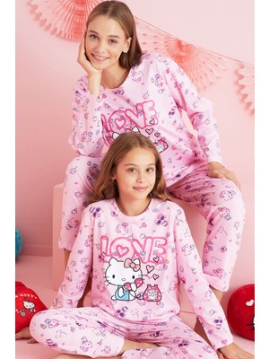 Siyah İnci Hello Kitty Lisanslı %100 Pamuk Pembe Çok Renkli Bisklet Yaka Pijama Takım HK224
