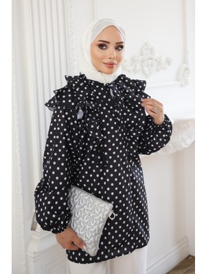 İmaj Butik Siyah Yaka Bağlamalı Puantiyeli Tunik