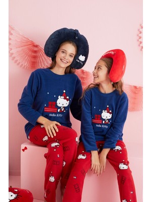 Siyah İnci Hello Kitty Lisanslı Polar Lacivert Çok Renkli Nakışlı Bisklet Yaka Pijama Takım HK300