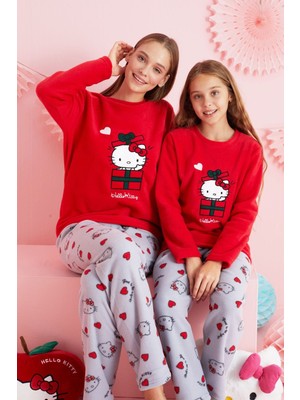 Siyah İnci Hello Kitty Lisanslı Polar Kırmızı Çok Renkli Nakışlı Bisklet Yaka Pijama Takım HK310