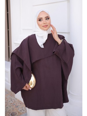 İmaj Butik Mürdüm Pelerinli Modal Bluz