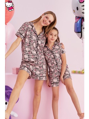 Siyah İnci Hello Kitty Lisanslı %100 Pamuk Pembe Çok Renkli Düğmeli Biyeli Şort Pijama Takım