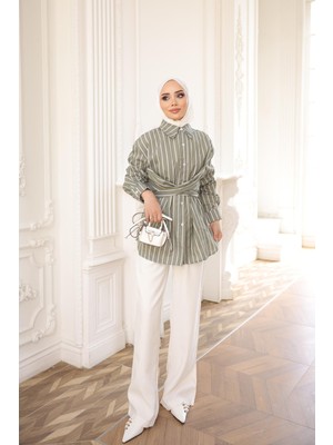 İmaj Butik Haki Çizgili Çapraz Bağlamalı Gömlek