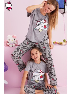 Siyah İnci Hello Kitty Lisanslı %100 Pamuk Gri Çok Renkli Bisklet Yaka Pijama Takım