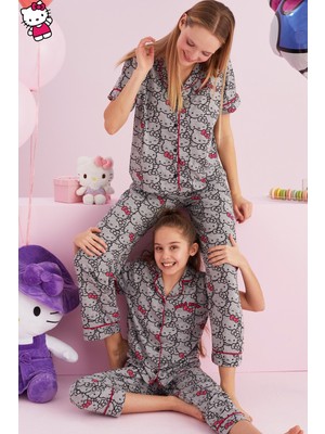 Siyah İnci Hello Kitty Lisanslı %100 Pamuk Gri Çok Renkli Düğmeli Biyeli Pijama Takım
