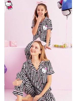 Siyah İnci Hello Kitty Lisanslı %100 Pamuk Siyah Beyaz Çok Renkli Düğmeli Biyeli Pijama Takım