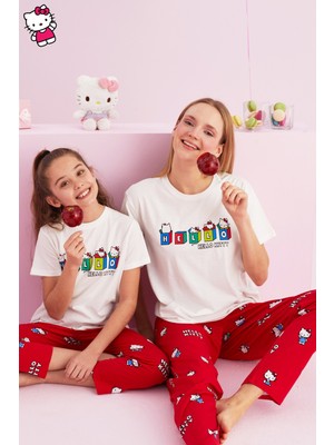 Siyah İnci Hello Kitty Lisanslı %100 Pamuk Beyaz Çok Renkli Bisklet Yaka Pijama Takım