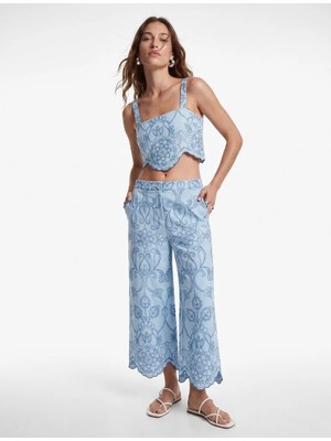 Koton x Sibil Çetinkaya - Pamuklu Asimetrik Kesim Kare Yaka Askılı Nakışlı Brodeli Crop Büstiyer
