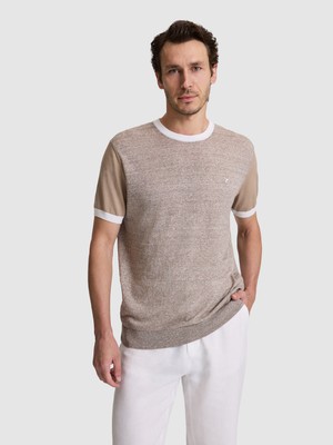 Cacharel Erkek Vizon Regular Fit Bisiklet Yaka Keten Karışımlı  Triko T-Shirt 50320667-VR052