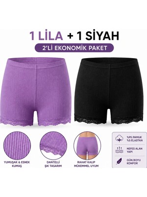 İncili Tekstil Incili Tekstil Kadın Dantelli Ribana Boxer 2'li Set %95 Pamuk %5 Elastan Yüksek Bel Esnek Boxer Külot (1 Lila + 1 Siyah)