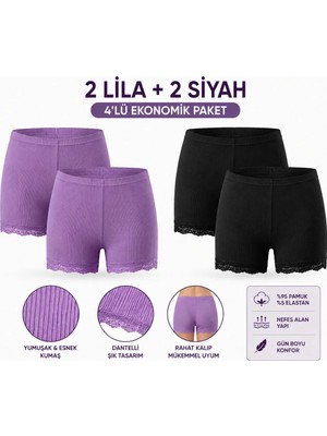 İncili Tekstil Incili Tekstil Kadın Dantelli Ribana Boxer 4'lü Set %95 Pamuk %5 Elastan Yüksek Bel Esnek Boxer Külot (2 Lila + 2 Siyah)