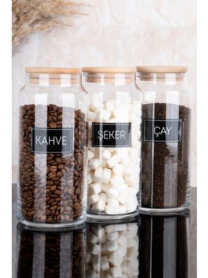 Dolkin Home 3'lü Ahşap Vakum Kapaklı Çay Şeker Kahve Siyah Etiketli Cam Kavanoz Seti Saklama Kabı 1300 ml