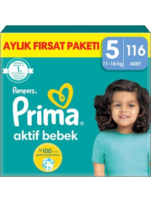 Prima Bebek Bezi Aktif Bebek 5 Beden 116 Adet Junior Aylık Fırsat Paketi