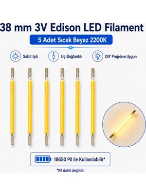Overdal 5 Adet Sıcak Beyaz 2200K 38 mm 3V Edison LED Filament 18650 Pil Uyumlu Sabit Kesintisiz Yanan Dıy Işık