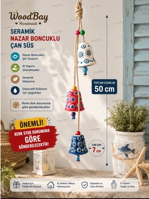 WoodBay El Yapımı Seramik Nazar Boncuklu 3'lü Çan Süsü 50 cm – Dekoratif Duvar, Kapı ve Balkon Çanı