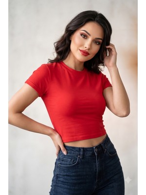 Windy Island Kadın Bisiklet Yaka Kısa Kollu %100 Pamuk Likralı Crop Top Bluz