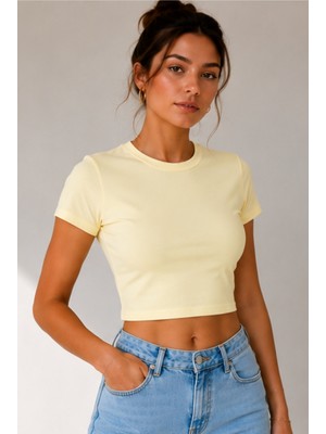 Windy Island Kadın Bisiklet Yaka Kısa Kollu %100 Pamuk Likralı Crop Top Bluz