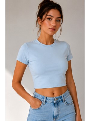 Windy Island Kadın Bisiklet Yaka Kısa Kollu %100 Pamuk Likralı Crop Top Bluz