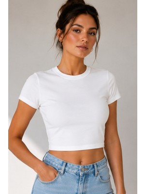 Windy Island Kadın Bisiklet Yaka Kısa Kollu %100 Pamuk Likralı Crop Top Bluz