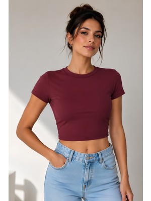 Windy Island Kadın Bisiklet Yaka Kısa Kollu %100 Pamuk Likralı Crop Top Bluz