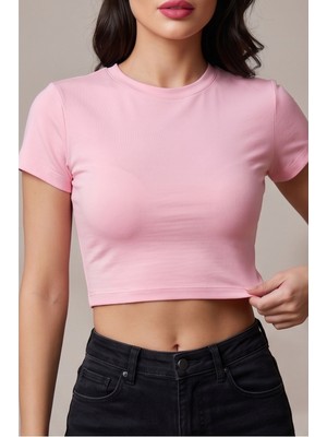 Windy Island Kadın Bisiklet Yaka Kısa Kollu %100 Pamuk Crop Top Bluz