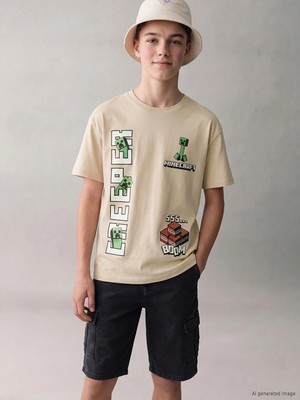 Lc Waikiki Yeni Sezon Bisiklet Yaka Minecraft Baskılı Erkek Çocuk Tişört
