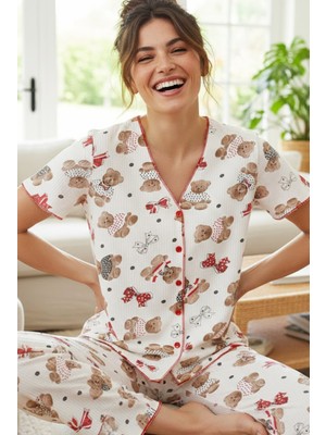 Siyah İnci Ekru Ayıcık Desenli Yumuşak Tuşe Yazlık Fitilli Pamuklu Örme Pijama Takım 7994