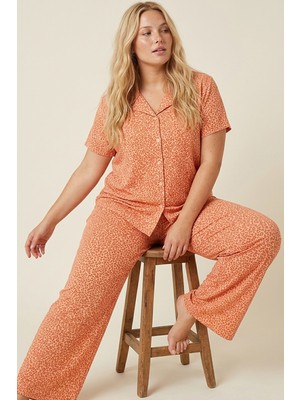 Siyah İnci Somon Leopar Baskılı Büyük Beden Battal Boy Düğmeli Örme Pijama Takım 8016