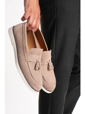Fame Step Hakiki Deri Erkek Loafer Ayakkabı Bej Süet Günlük Rahat Casual Mokasen Püsküllü Siena