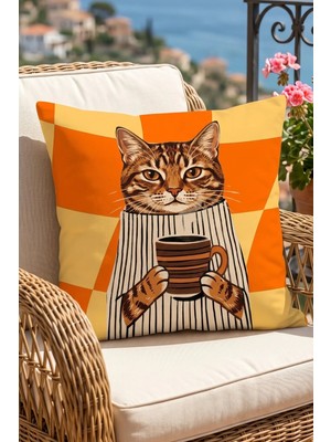 Atay Home Kahve Içen Kedi Desenli Dekoratif Kırlent Kılıfı 43X43 cm Çift Taraflı Turuncu Damalı Zemin