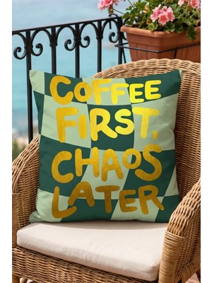 Atay Home Coffee First Chaos Later Yazılı Dekoratif Kırlent Kılıfı 43X43 cm Çift Taraflı Yeşil Damalı