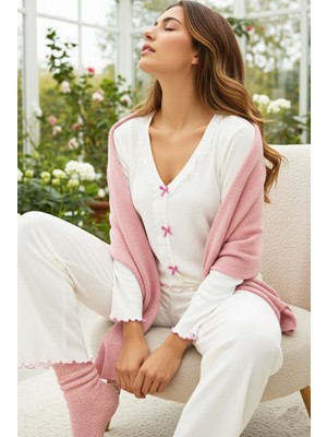 Siyah İnci Ekru Fitilli Pamuklu Kaşkorse Dantelli Fiyonklu Örme Pijama Takım 7945