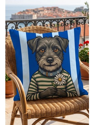 Atay Home Papatya Tutan Sevimli Köpek Desenli Dekoratif Kırlent Kılıfı 43X43 cm Çift Taraflı Koyu ve Açık Mavi Çizgili