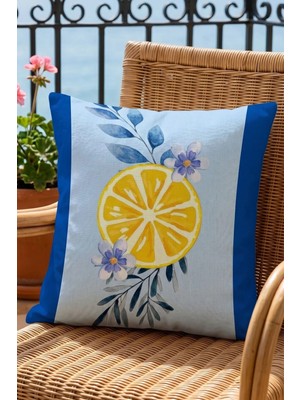Atay Home Limon Dilimi ve Çiçek Desenli Dekoratif Kırlent Kılıfı 43X43 cm Çift Taraflı Mavi Kenarlı 1 Adet