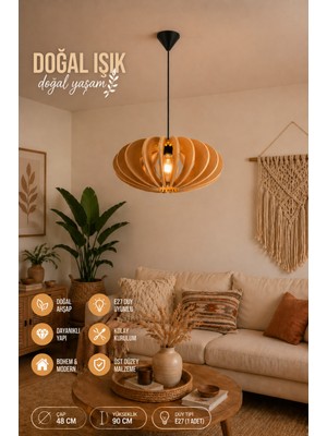 Modern(Premium) Bohem Ahşap Sarkıt Avizesi 48 cm Salon Yatak Oturma Odası Şık E27 Duy Modelleri
