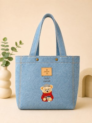 Narrativa Sevimli Tasarım Denim Tote Çanta 1 Bölmeli Geri Dönüştürülebilir Günlük Kullanım Için