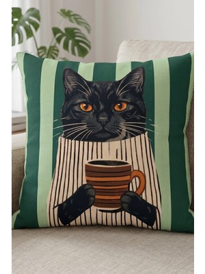 Atay Home Kahve Içen Siyah Kedi Desenli Dekoratif Kırlent Kılıfı 43X43 cm Çift Taraflı Baskı Yeşil Çizgili