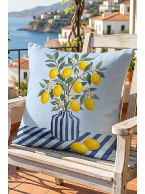 Atay Home Mavi Çizgili Vazoda Limon Desenli Dekoratif Kırlent Kılıfı 43X43 cm Çift Taraflı Akdeniz Temalı