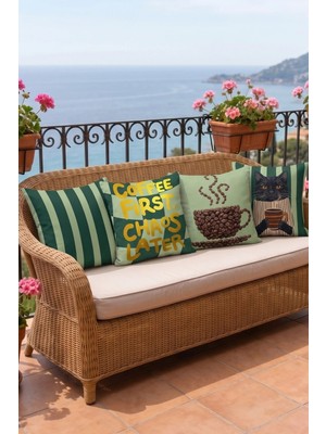 Atay Home 4'lü Set Kahve ve Kedi Temalı Dekoratif Kırlent Kılıfı 43X43 cm Çift Taraflı Yeşil Kombin