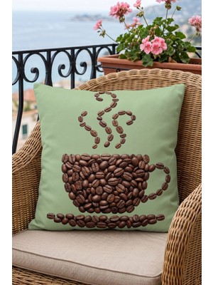 Atay Home Kahve Çekirdekli Fincan Desenli Dekoratif Kırlent Kılıfı 43X43 cm Çift Taraflı Açık Yeşil