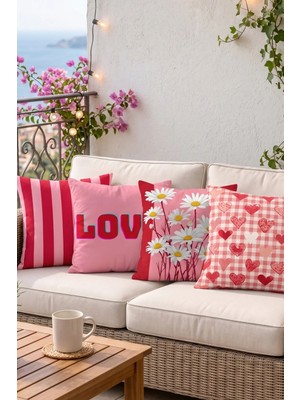Atay Home 4'lü Set Sevgi Temalı Dekoratif Kırlent Kılıfı 43X43 cm Çift Taraflı Pembe ve Kırmızı Kombin