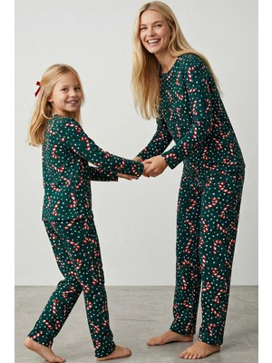 Siyah İnci Yeşil %100 Pamuklu Puanlı Şeker Baston Desenli Yılbaşı Temalı Örme Pijama Takım