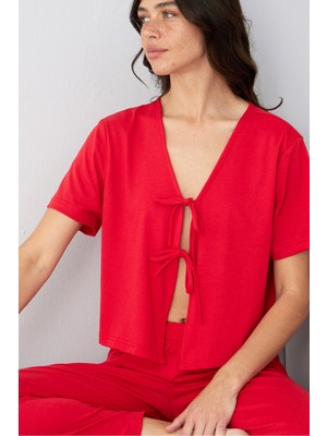 Siyah İnci Kırmızı Bağlamalı Örme Pijama TAKIM7889