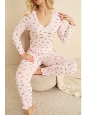 Siyah İnci Pembe Pamuklu Delikli Dantelli Örme Pijama TAKIM7928-4