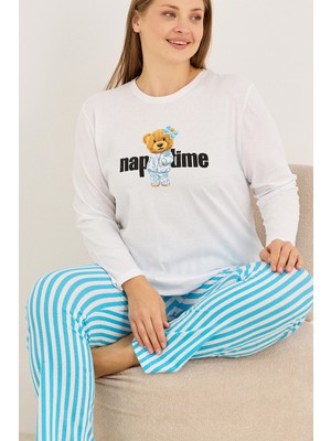 Siyah İnci Beyaz Mavi Çizgi Desenli Curve Büyük Beden Battal Boy Örme Pamuklu Pijama TAKIMI7906